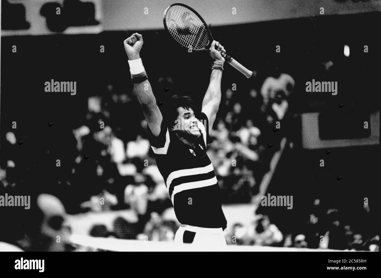 Archives 90ies: French tennis player Yannick Noah plays at GPTL - Lyons Tennis Grand Prix, Lyon, Rhone, France Stock Photo