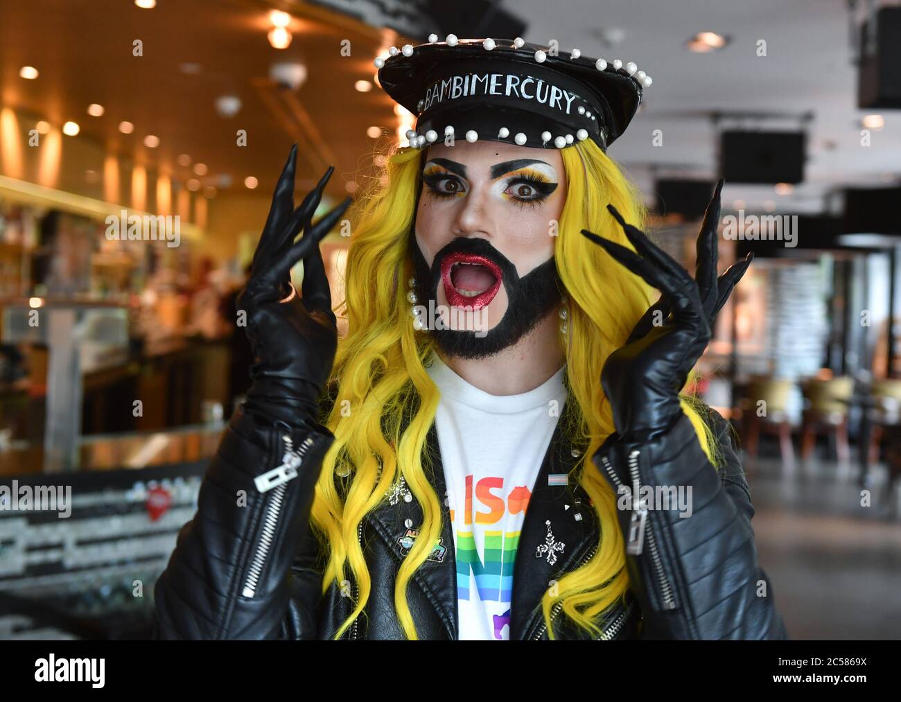 Berlin, Germany. 01st July, 2020. Dragqueen Bambi Mercury at the presentation of the Pride collection from the Hard Rock Cafe Berlin under the motto 'All is One'. A part of the proceeds will be donated to the Mercury Phoenix Trust to support the global fight against HIV and AIDS. The collaboration is a partnership between Hard Rock and the Mercury Phoenix Trust, an organization created by band members and the manager in memory of the legendary musician Freddie Mercury. Credit: Jens Kalaene/dpa-Zentralbild/ZB/dpa/Alamy Live News Stock Photo