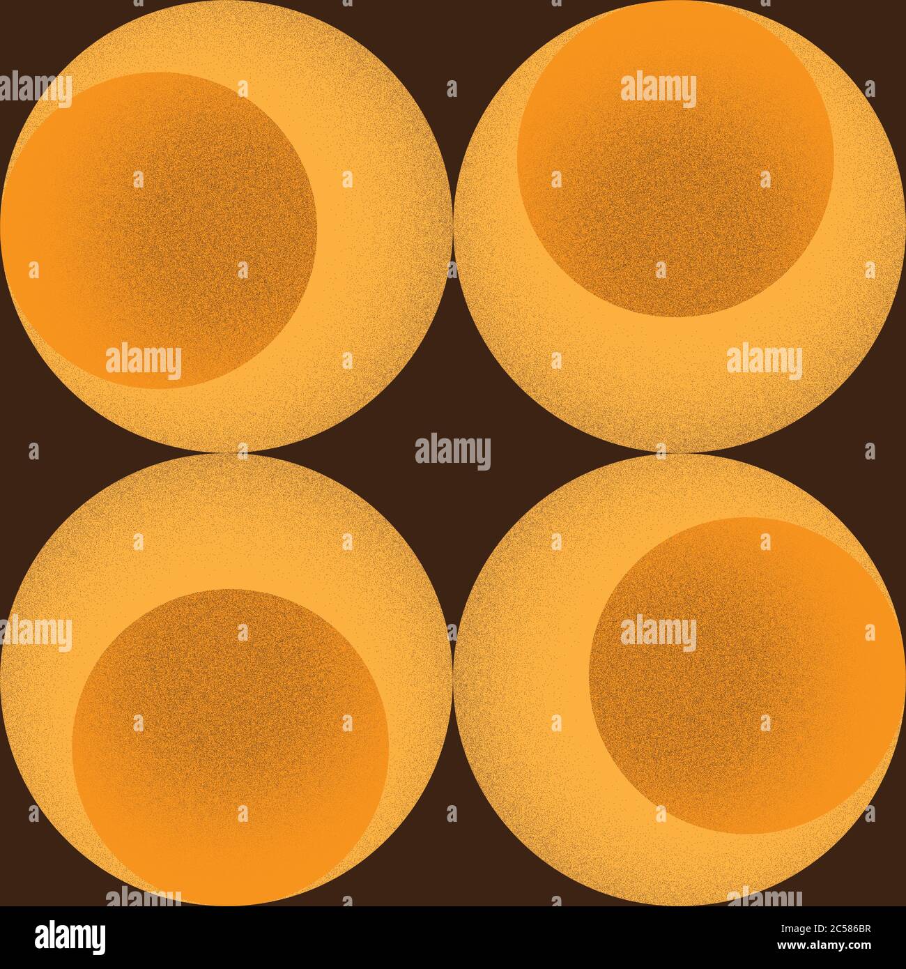 Retro coloured scheme seamless 1960s or 70s style geometric pattern of orange and yellow circles with stippled shading, on a rich brown background. EP Stock Vector