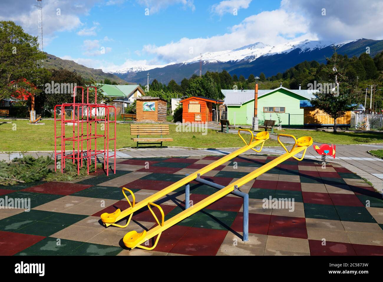 Puerto Río Tranquilo, Main Square, Children games, Carretera Austral, Aysen Region, Patagonia, Chile Stock Photo
