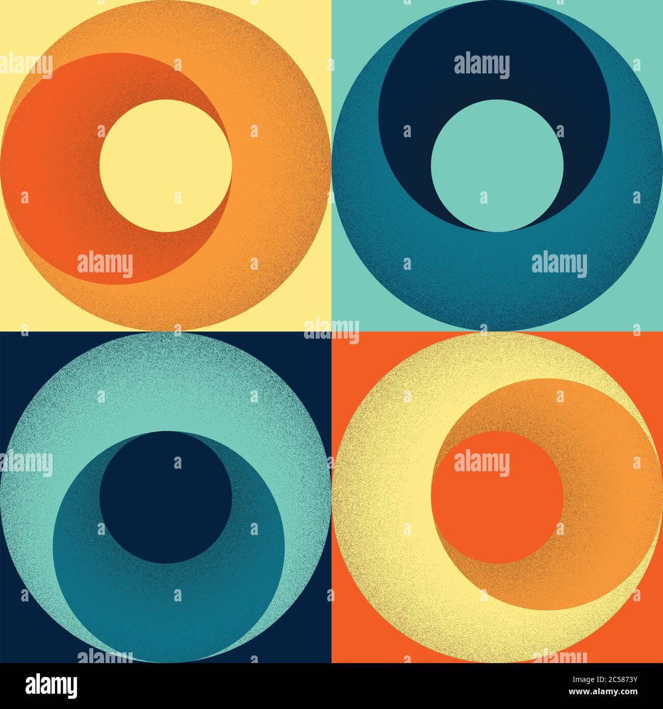 Seamless 1960s or 70s style geometric pattern of squares and circles with stippled shading. Retro colour scheme of yellow, orange, turquoise and navy Stock Vector