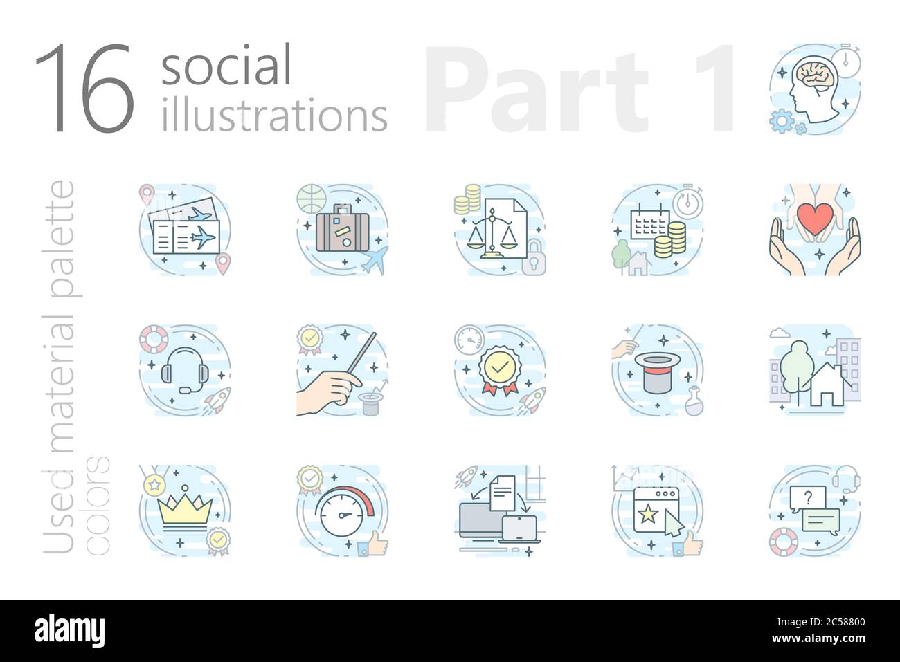 16 social illustrations for mobile and web app, and other Stock Vector