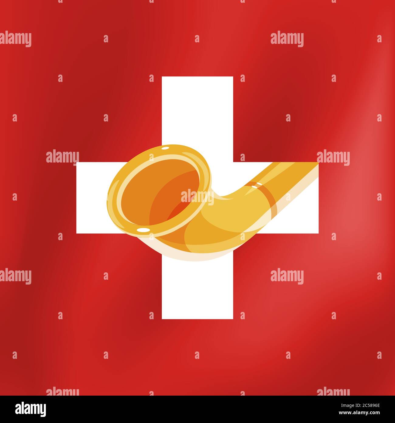 Alphorn on swiss flag, Vector illustration of Alpine Traditional musical wooden instrument on logo or banner for Folklore Festival. Style label with A Stock Vector