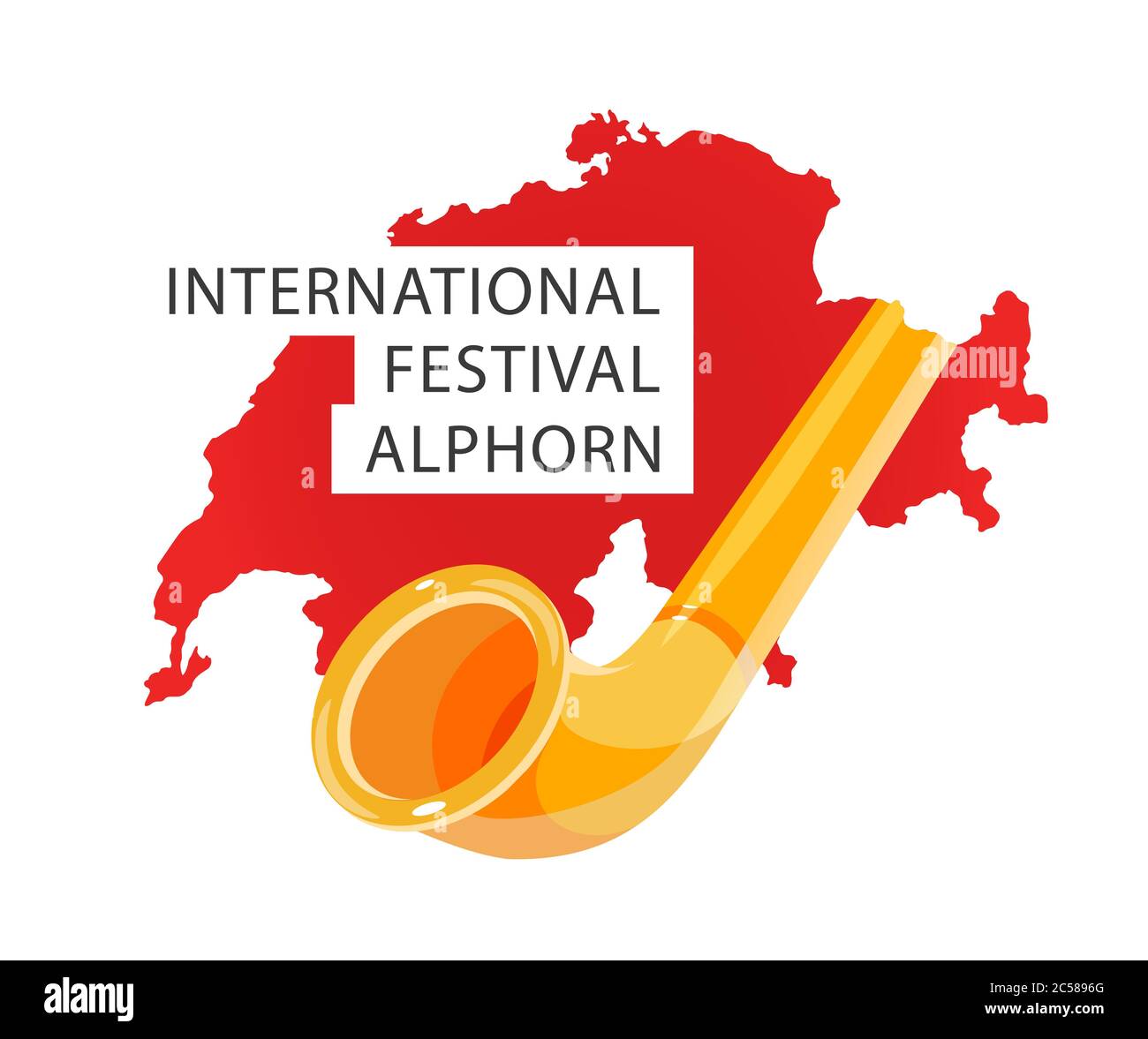 Alphorn international music Festival in Switzerland - Vector Banner with silhouette of Swiss map, Alpenhorn and Caption of invitation placard isolated Stock Vector