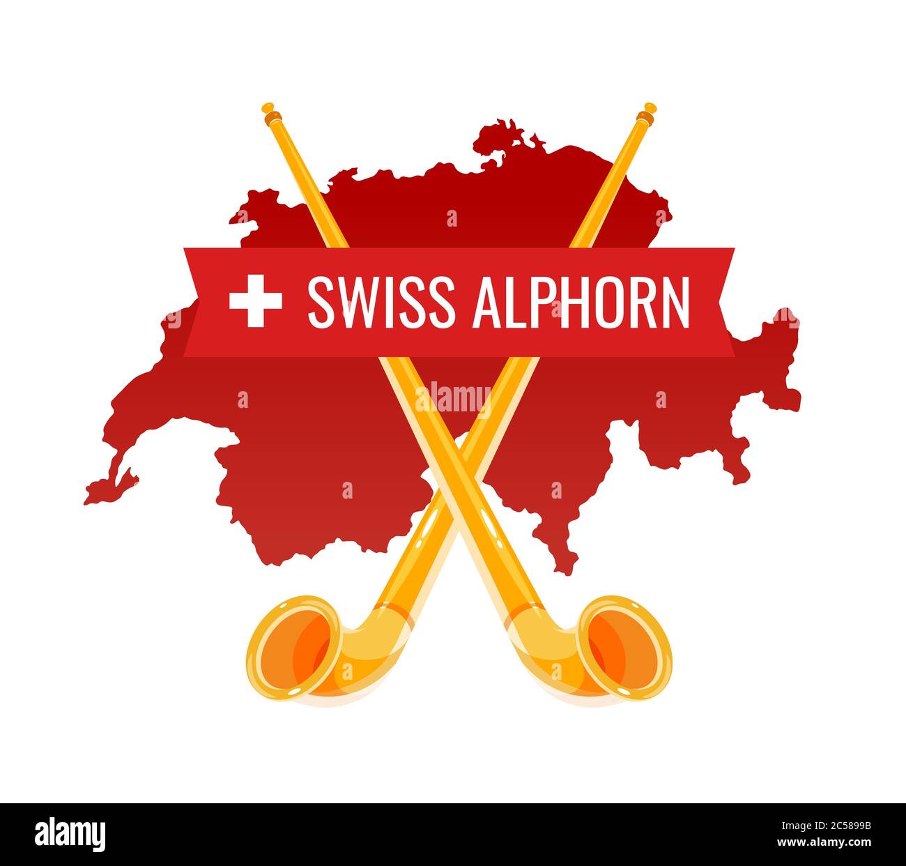 Alphorn seal badge for placard to Swiss Alpenhorn Festival in Switzerland or Website of Ethnic Swiss Folklore Music. Stock Vector
