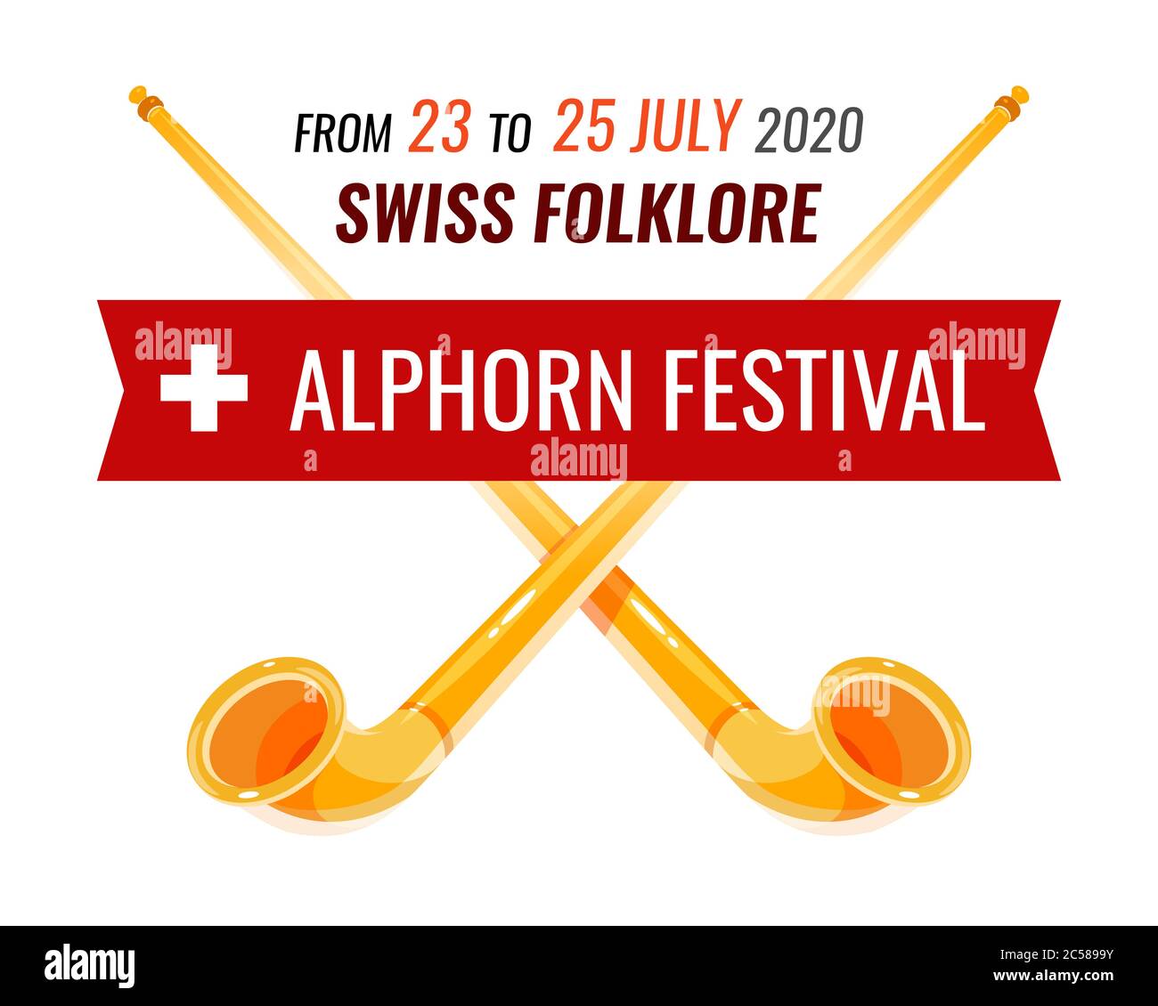 Alphorn Festival invitation banner with caption of Event date. Vector Placard with cross of Alpenhorns for Musical fest in Swiss alps. Stock Vector