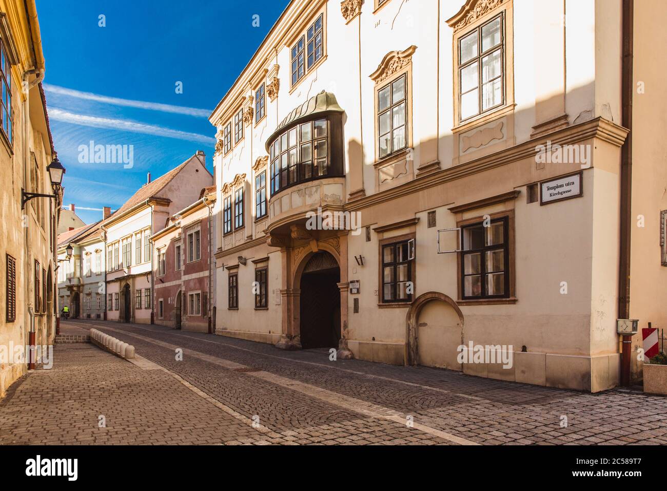 Sopron, Hungary October 2018 Narrow street with old houses in the old centre town of Sopron