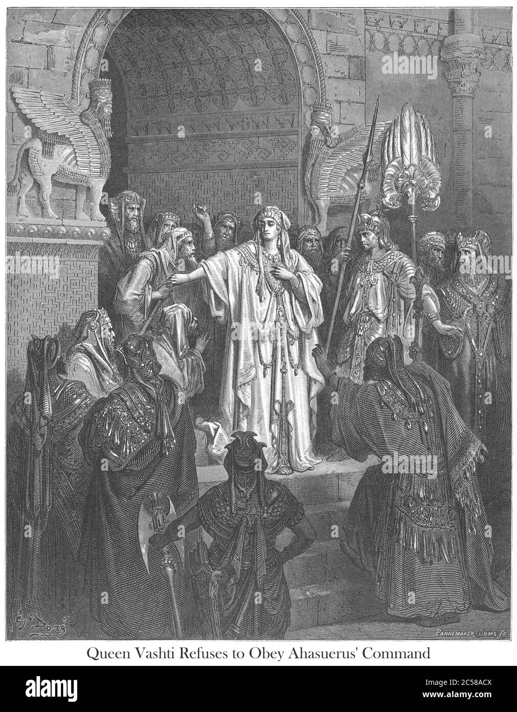 Queen Vashti Refusing to Obey King Ahasuerus [Esther 1:11-12] From the book 'Bible Gallery' Illustrated by Gustave Dore with Memoir of Dore and Descriptive Letter-press by Talbot W. Chambers D.D. Published by Cassell & Company Limited in London and simultaneously by Mame in Tours, France in 1866 Stock Photo