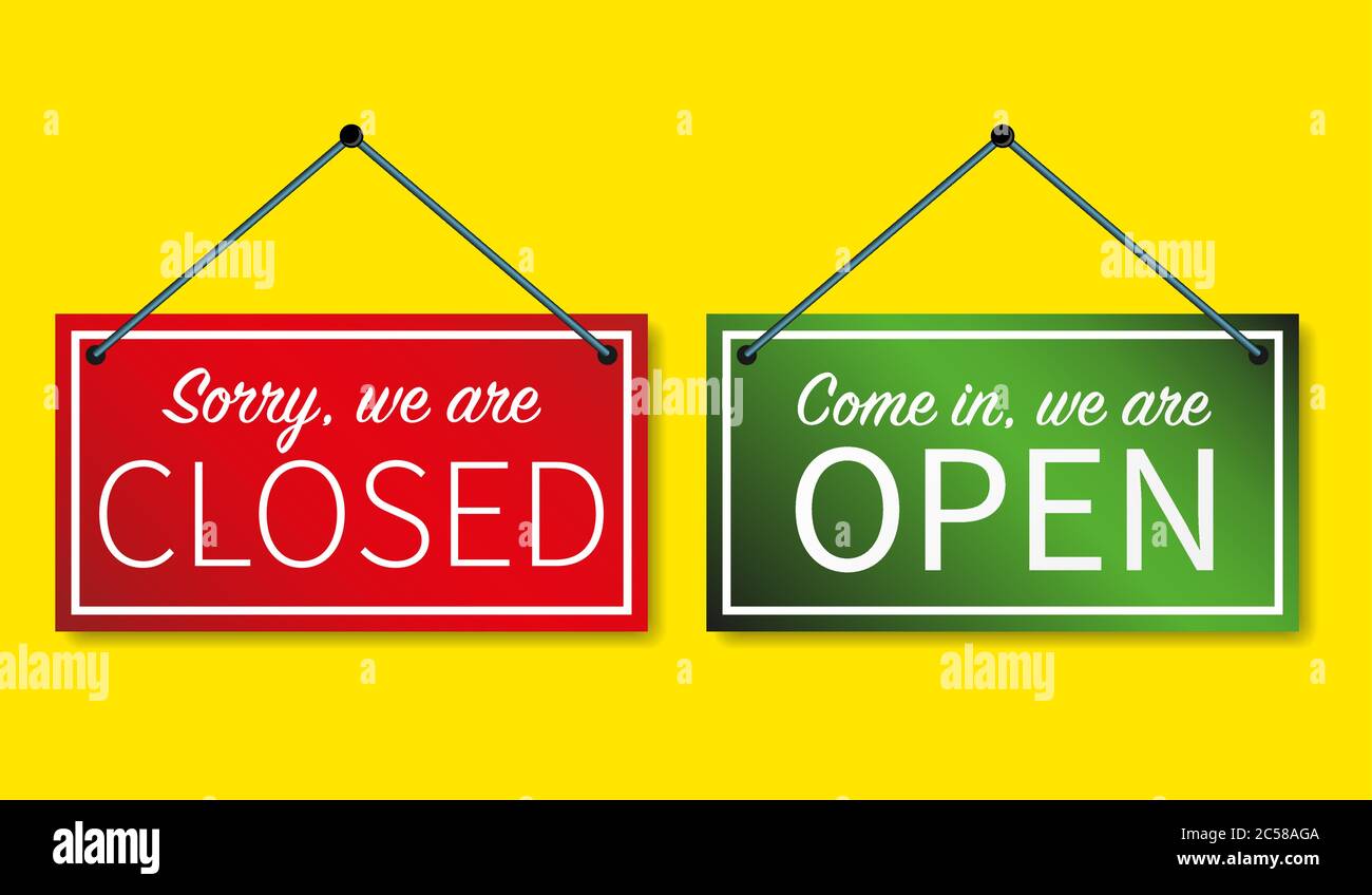 Come in we are OPEN and Sorry we are CLOSED signs isolated on yellow background vector illustration Stock Vector