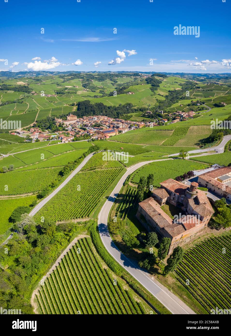 Aerial view of the winding road leading to the Castello di La Volta. Barolo, Barolo wine region, Langhe, Piedmont, Italy, Europe. Stock Photo