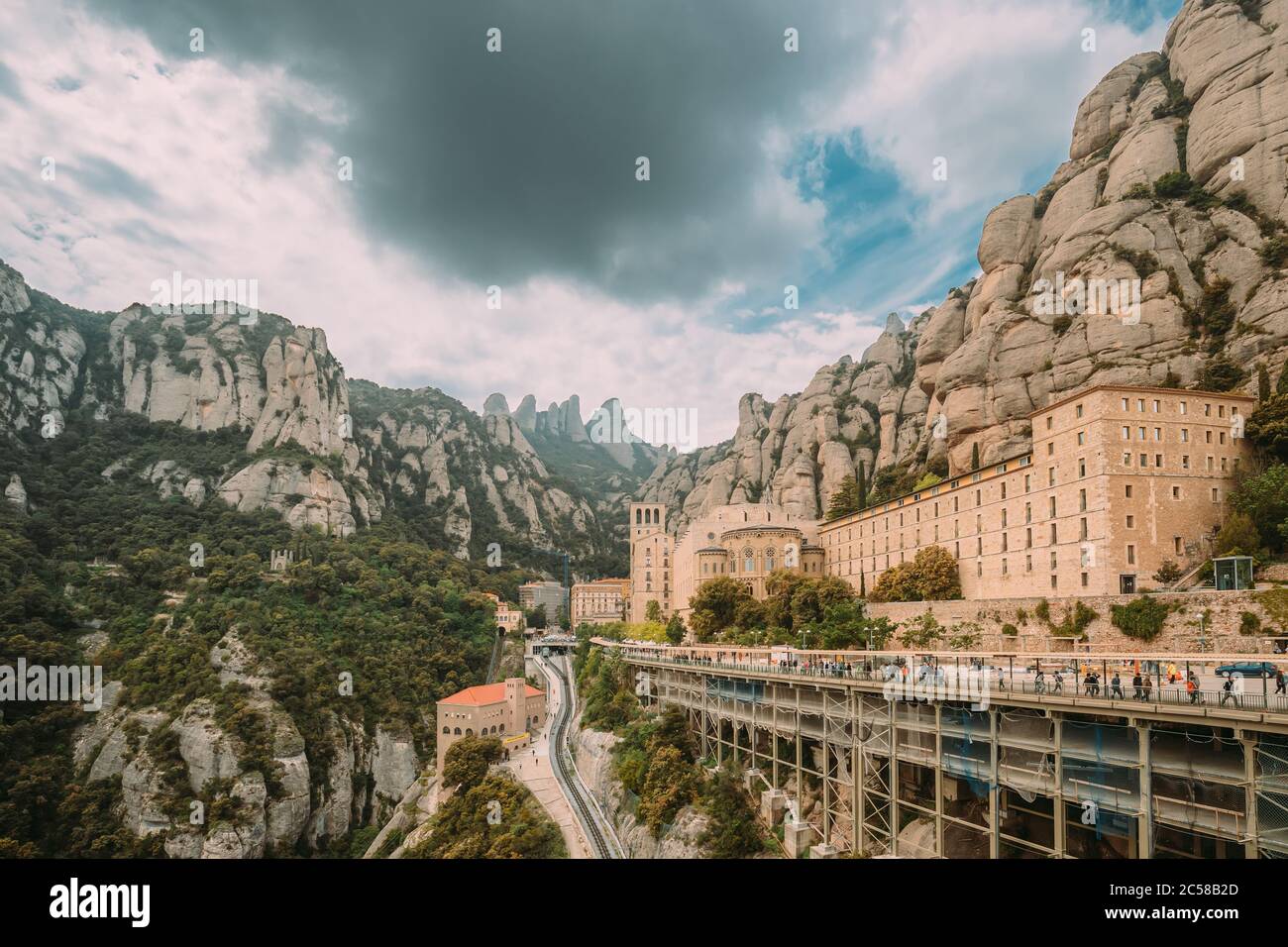 Santa Maria De Montserrat. Benedictine Abbey In Mountain Of Montserrat, In Monistrol De Montserrat, In Catalonia, Spain. Timelapse, Time-lapse Stock Photo