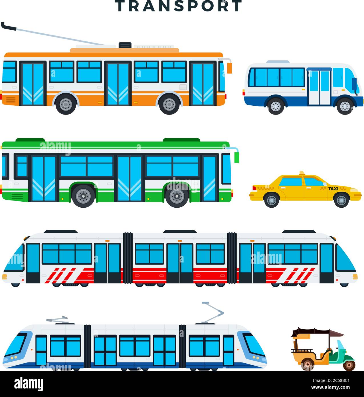 Collection of public transport. Municipal city transport, vector icons. Illustration in flat style. Stock Vector