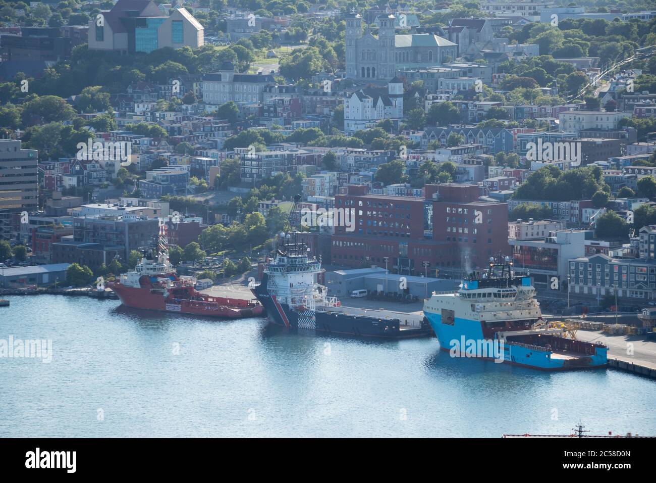 Three ships lined up on the docks of St. John's Harbour, as seen from Signal Hill, Newfoundland