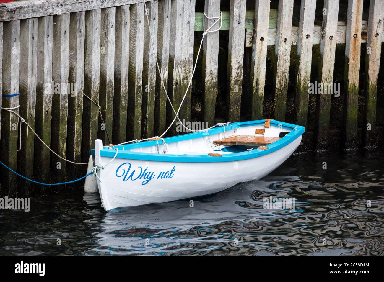 Small boat tied up in St. John's harbour with the writing 'Why not' on the side. Stock Photo