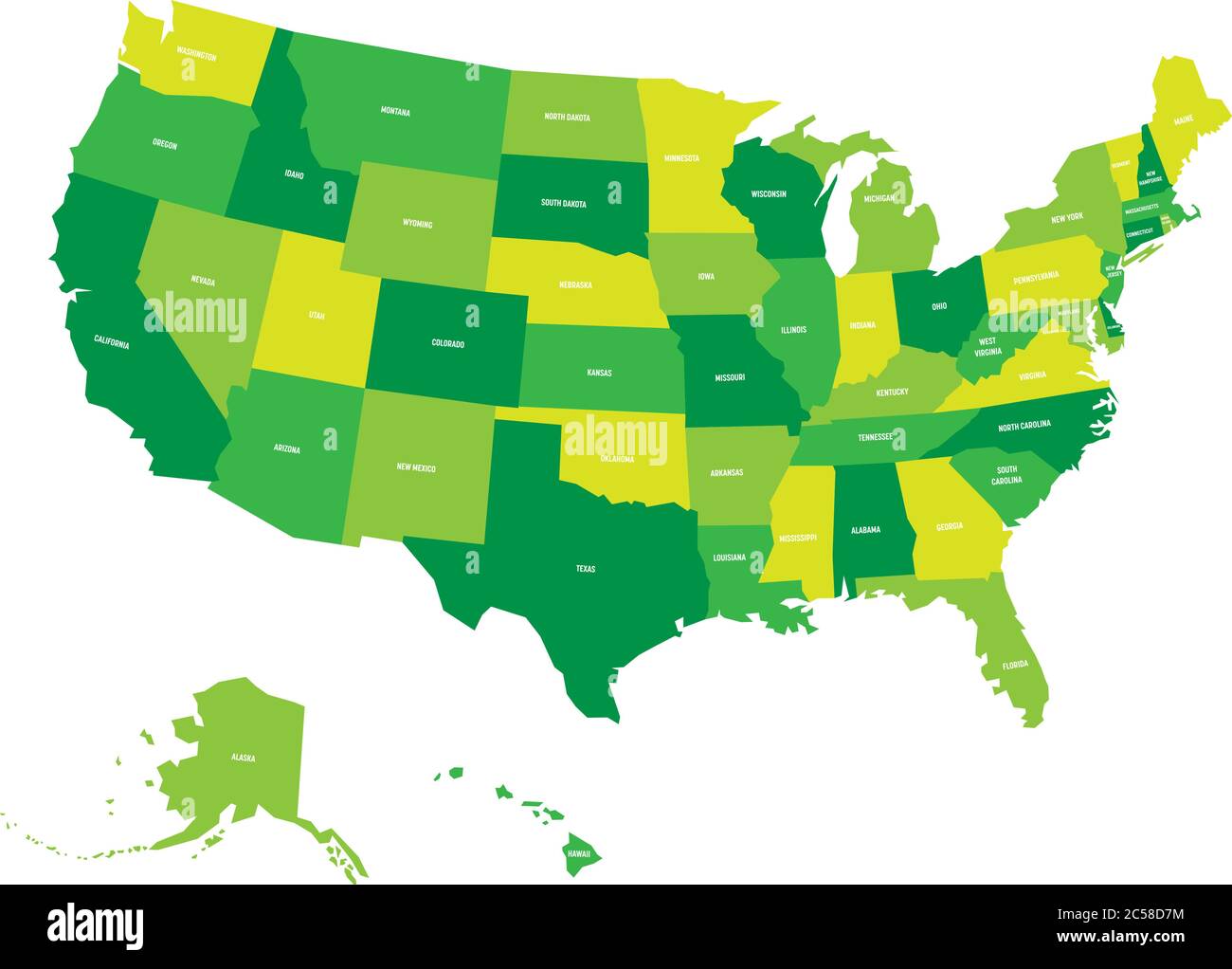 Map of United States of America, USA, in four shades of green with white state labels. Simple flat vector illustration isolated on white background. Stock Vector