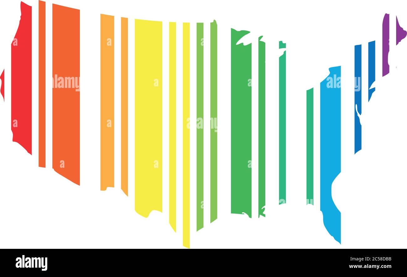 Barcode in a shape of USA map. Vector illustration in rainbow spectrum colors. Stock Vector