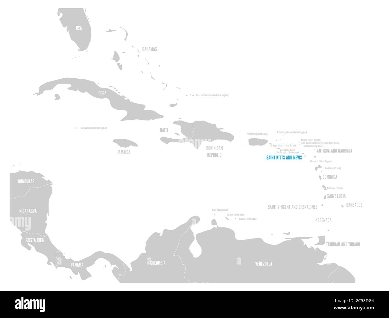 Saint Kitts and Nevis blue marked in the map of Caribbean. Vector illustration Stock Vector