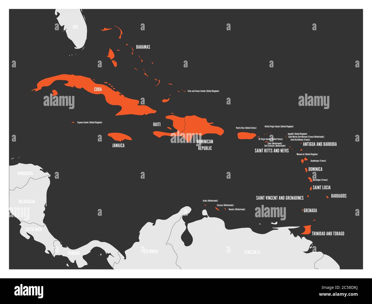 Political map of Carribean. Orange highlighted states and dependent territories. Simple flat vector illustration. Stock Vector