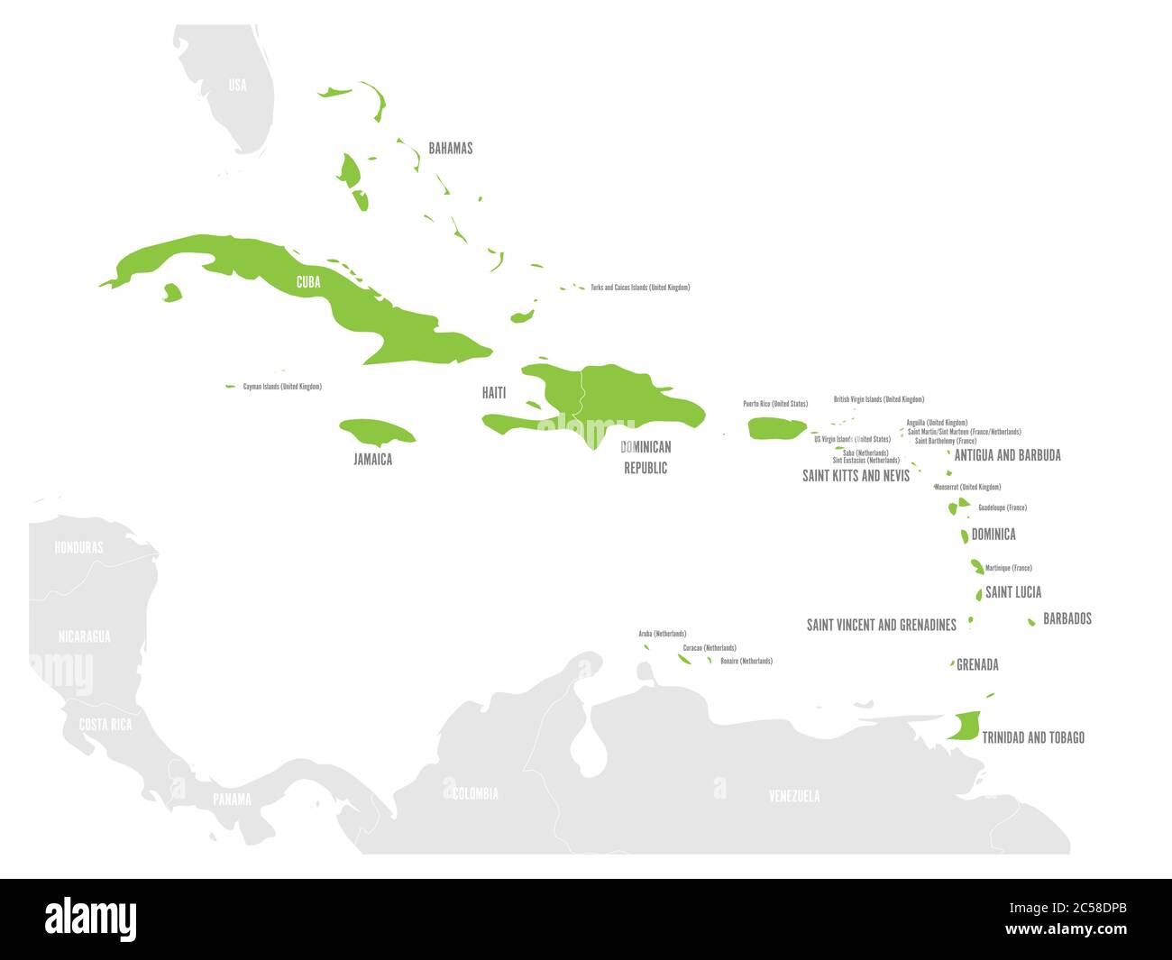 Political map of Carribean. Green highlighted states and dependent territories. Simple flat vector illustration. Stock Vector