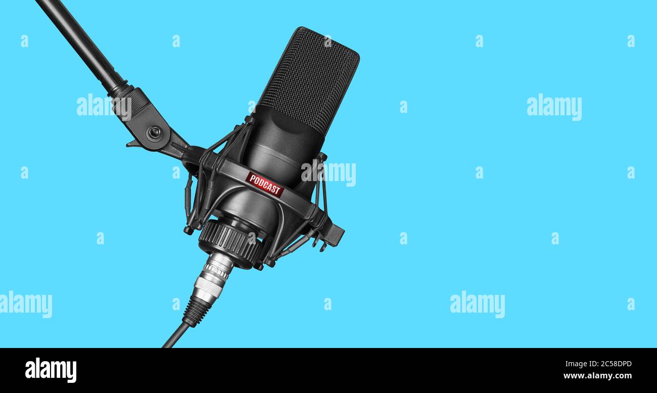 Studio microphone for recording podcasts over blue background with