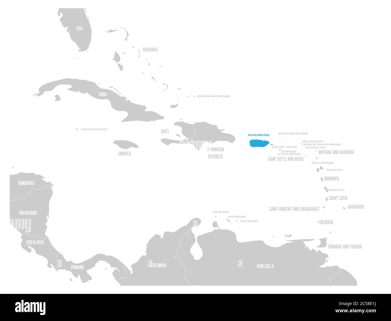 Puerto Rico blue marked in the map of Caribbean. Vector illustration Stock  Vector Image & Art - Alamy
