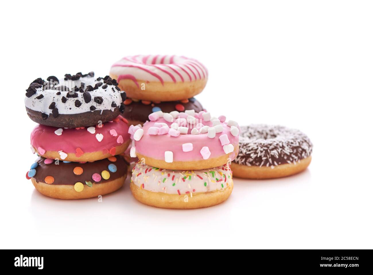 Donuts Set Isolated on White. Different type of doughnuts Stock Photo