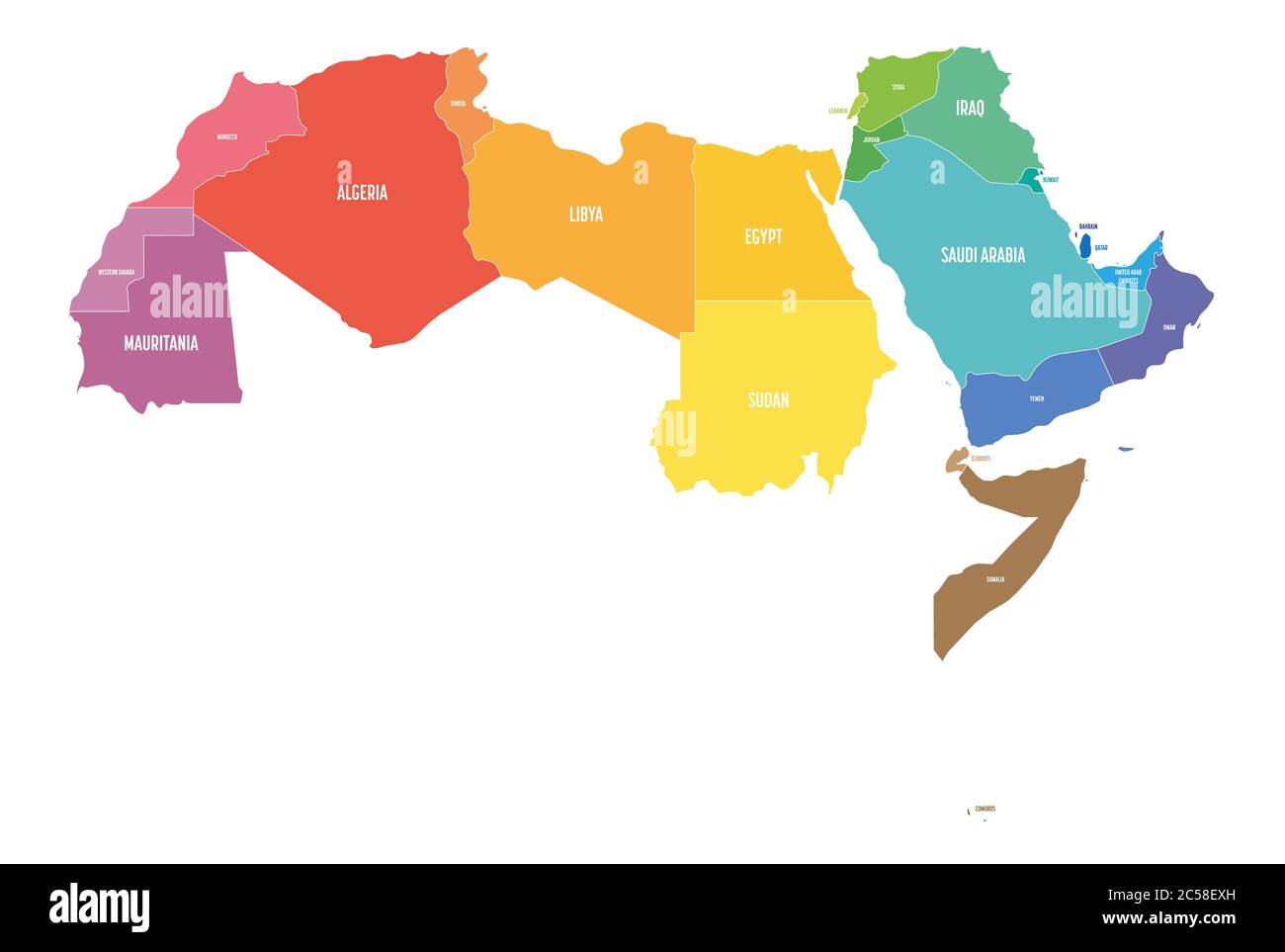 Arab World states political map with colorfully higlighted 22 arabic-speaking countries of the Arab League. Northern Africa and Middle East region. Vector illustration. Stock Vector