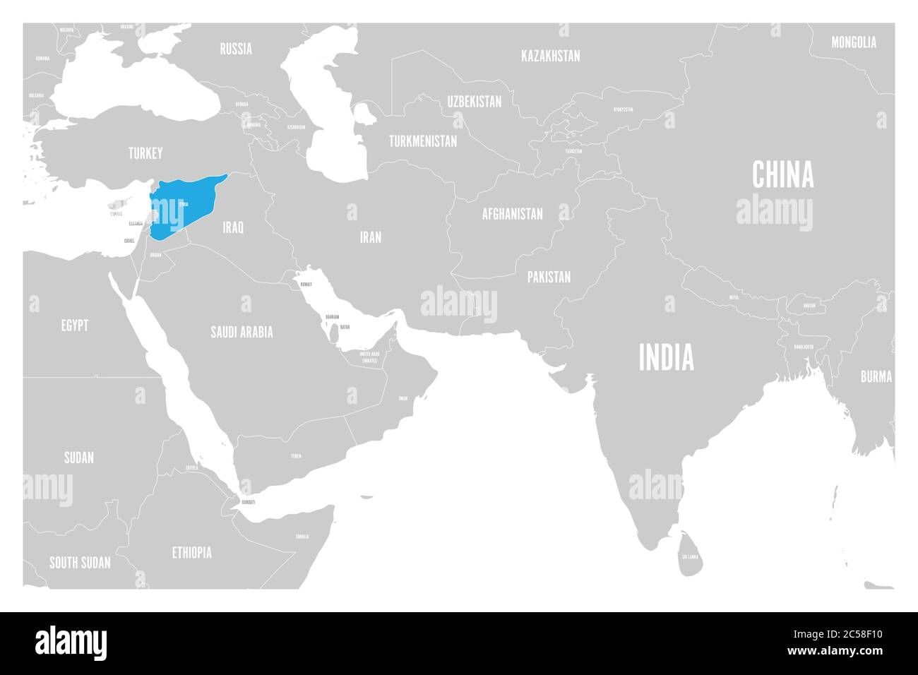 Syria blue marked in political map of South Asia and Middle East. Simple flat vector map.. Stock Vector