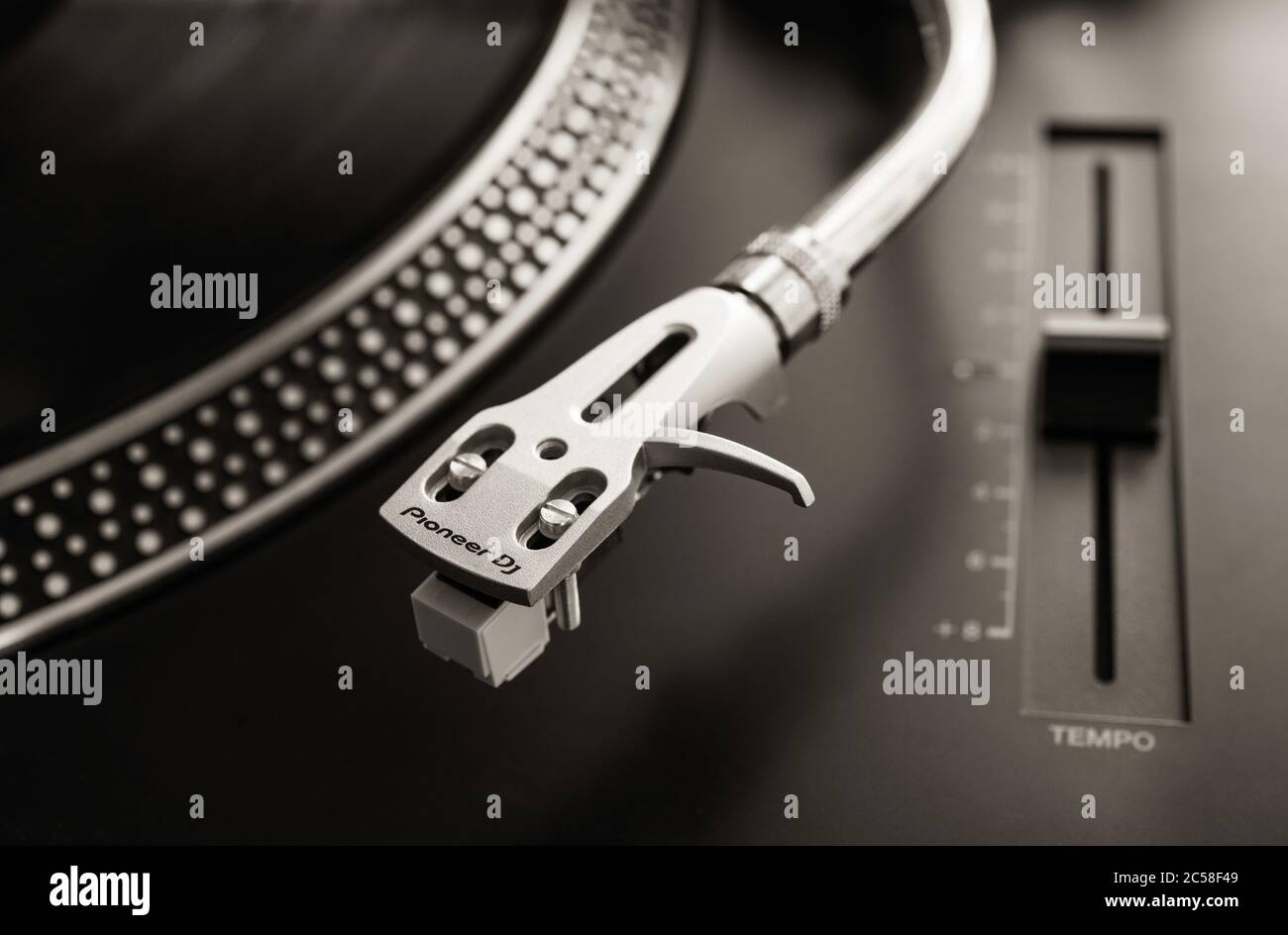 Close up of DJ vinyl record deck Stock Photo