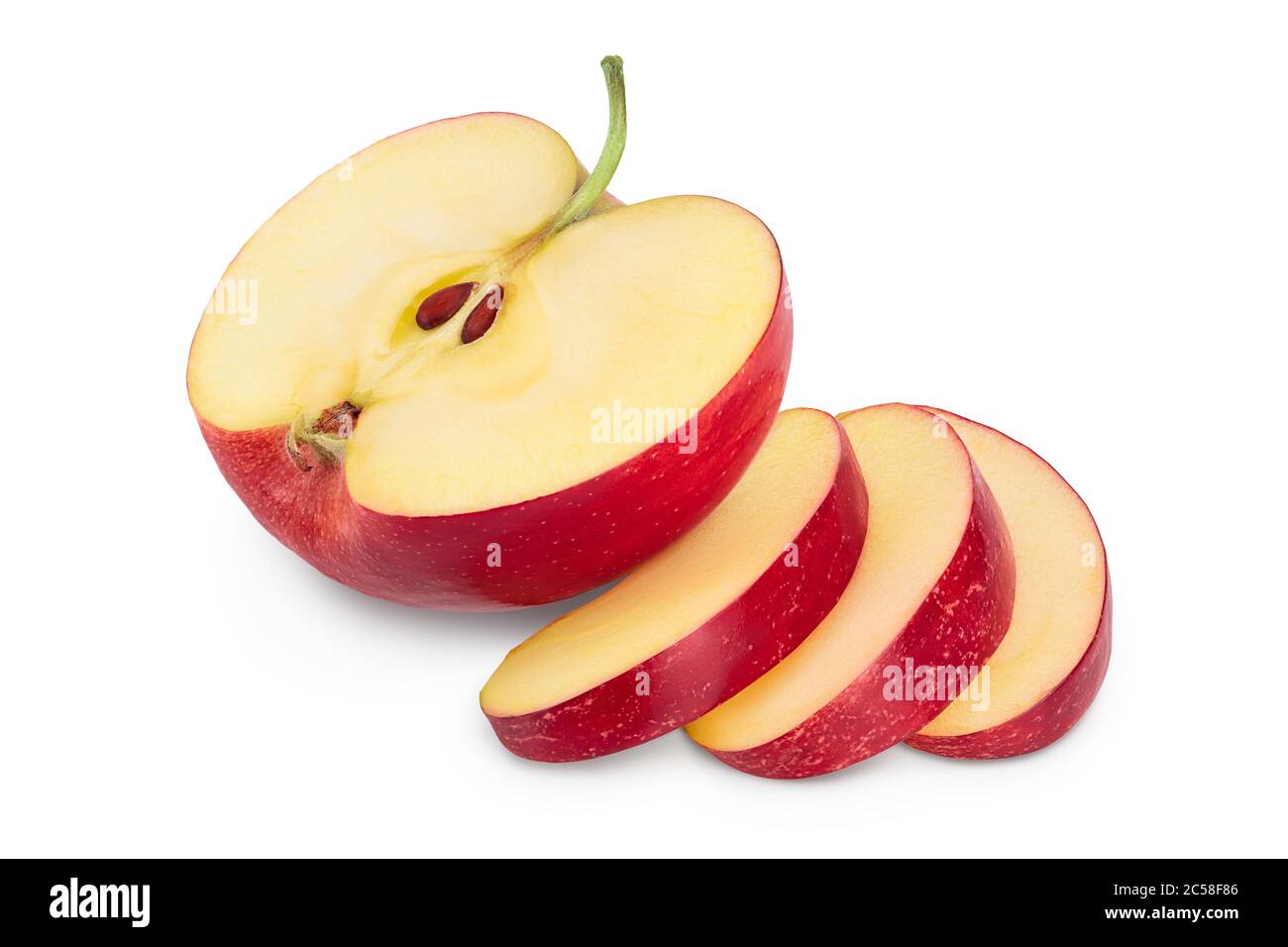 Red half apple with slices isolated on white background with clipping path and full depth of field Stock Photo