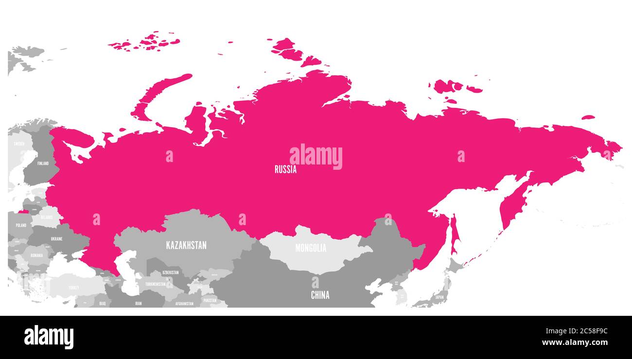 Political map of Russia and surrounding countries. Highlighted by pink. Vector illustration. Stock Vector