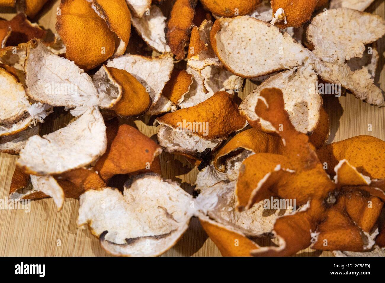 Closeup of dried mandarin orange peel used as ingredient in Chinese