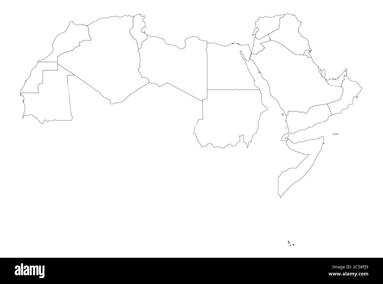 Arab World states political map. 22 arabic-speaking countries of the Arab League. Northern Africa and Middle East region. Vector illustration. Stock Vector