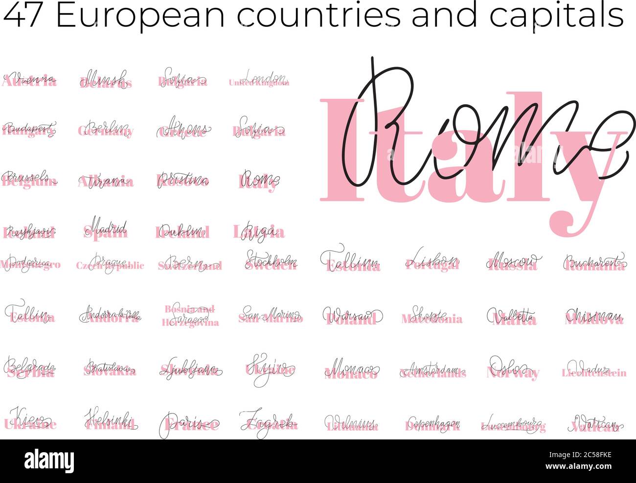 List of European countries and capitals names. Stock Vector