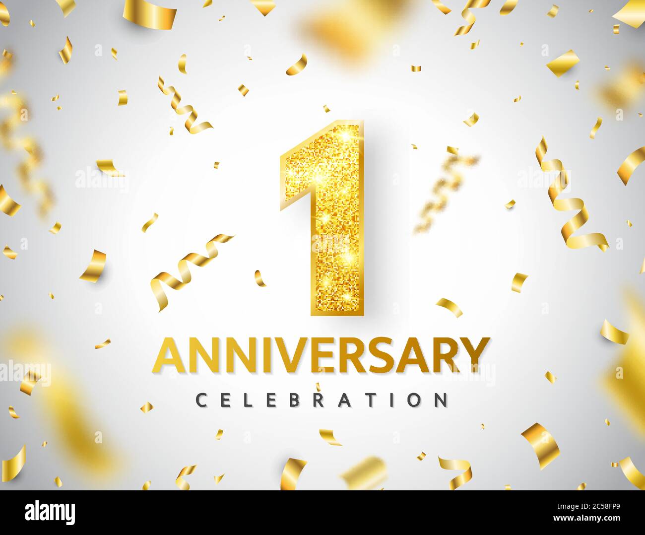 1th Anniversary celebration. Gold numbers with glitter gold confetti