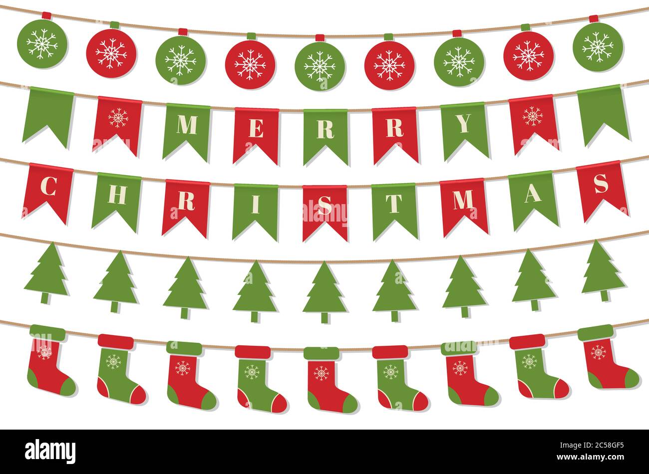 Bright Christmas garlands. Merry Christmas background with xmas bunting flags, balls, christmas trees, socks. Winter holiday design. Vector Stock Vector