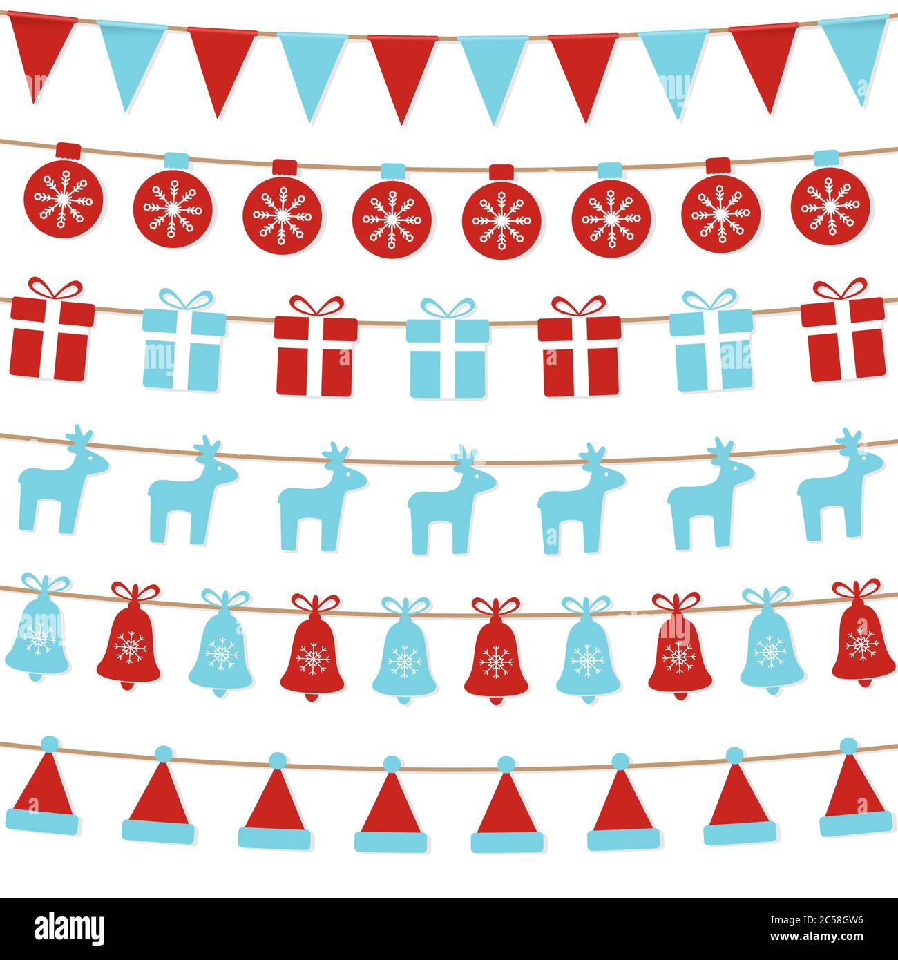 Merry Christmas background with xmas bunting flags, balls, gift boxes, reindeers, bells, santa hat. Bright Christmas garlands. Winter holiday.Vector Stock Vector