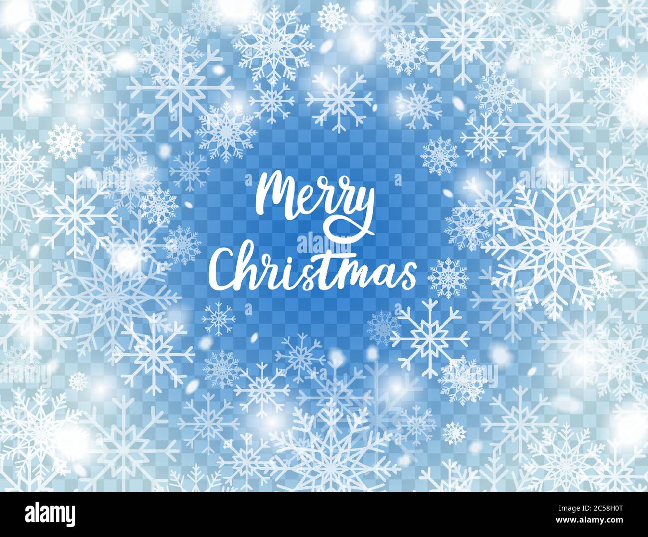 Snowflakes on blue transparent background. Merry Christmas card with ...