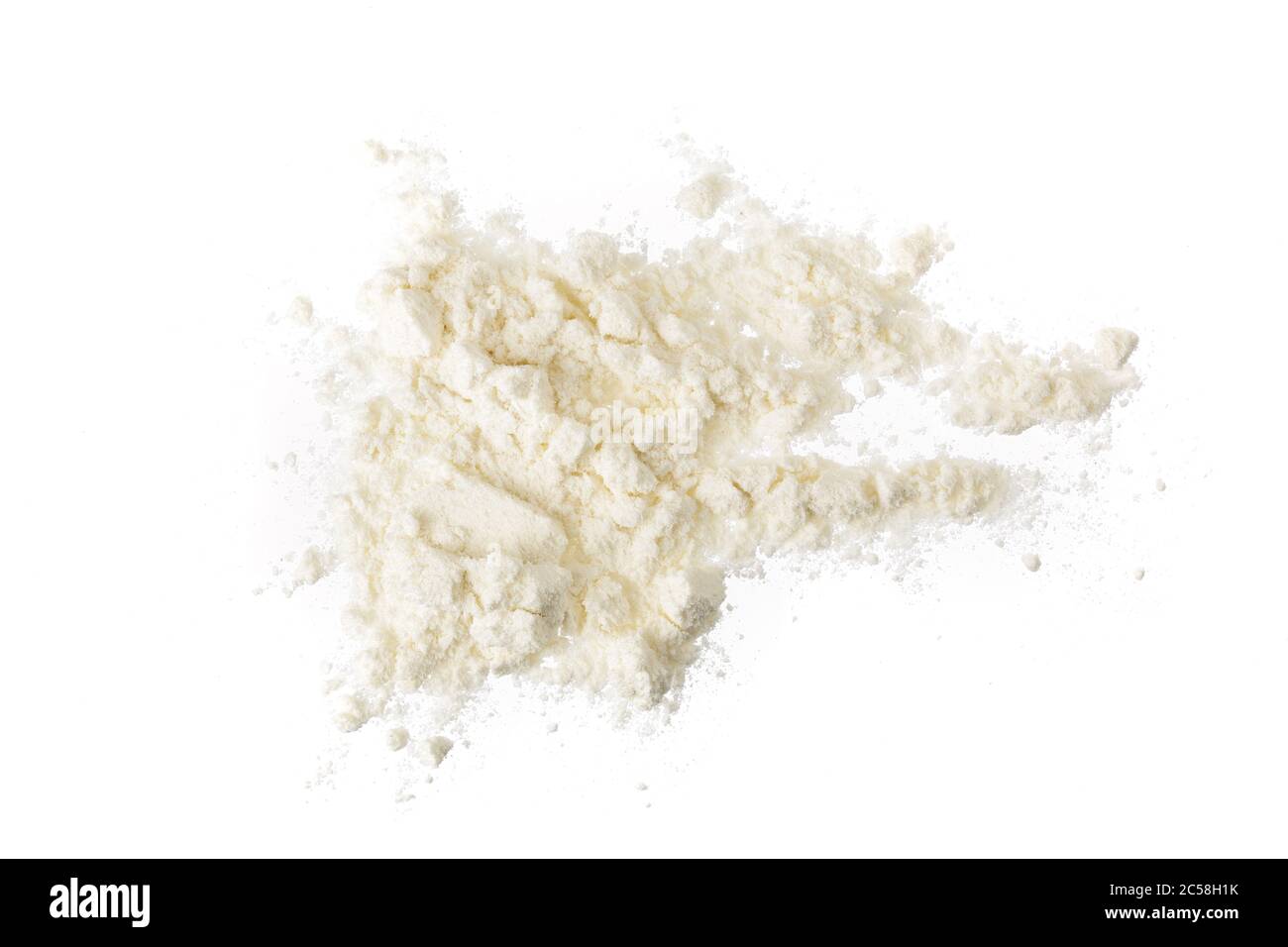 Pile of flour isolated on white background. Top view. Flat lay Stock Photo