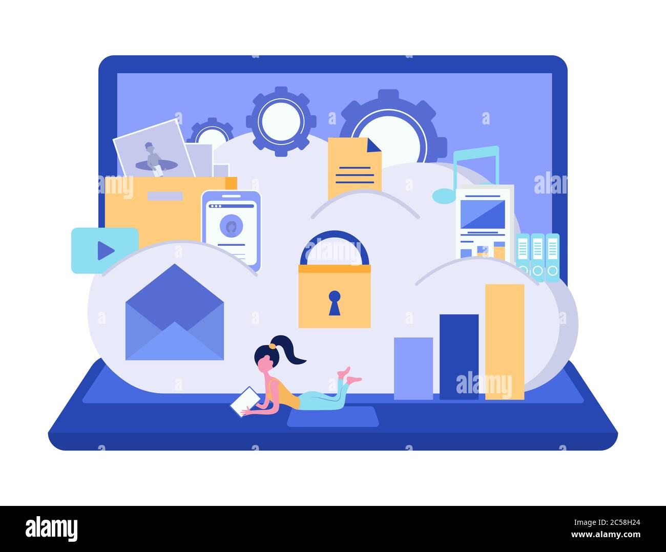 Cloud storage security. Data storage security concept. Data processing. Computer device. Vector illustration. Stock Vector