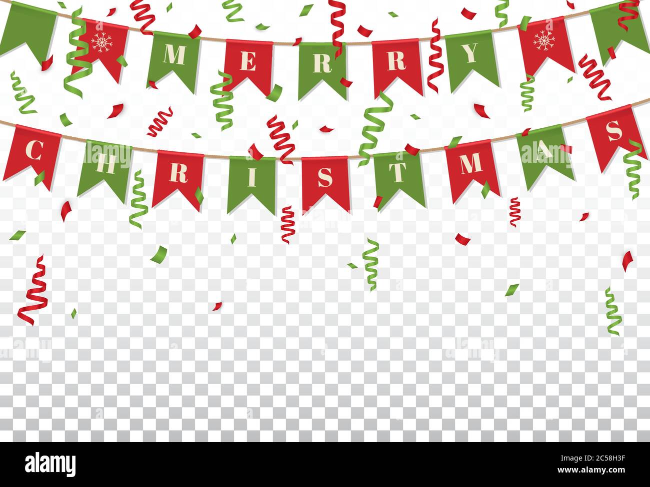 Merry Christmas background with xmas bunting flags and confetti in traditional colors. Bright Christmas garlands. Winter holiday design. Vector Stock Vector