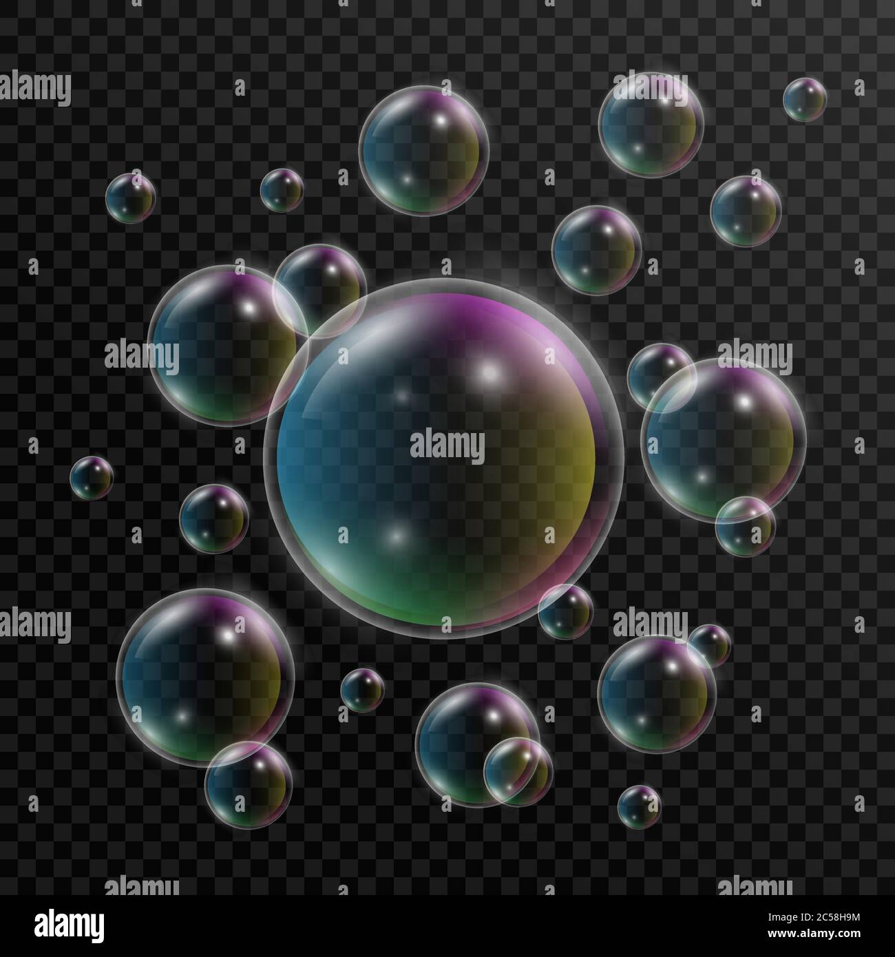 Realistic soap bubbles. Set of soap bubbles with rainbow reflection on transparent background. 3d bubble. Vector illustration. Stock Vector