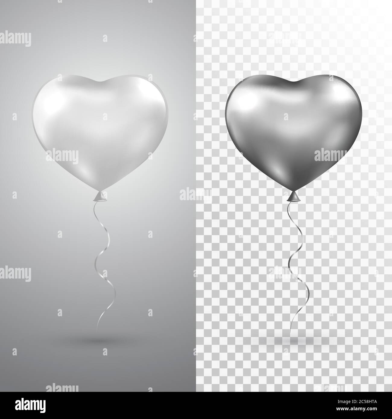Heart silver balloons set on transparent background. Helium glossy