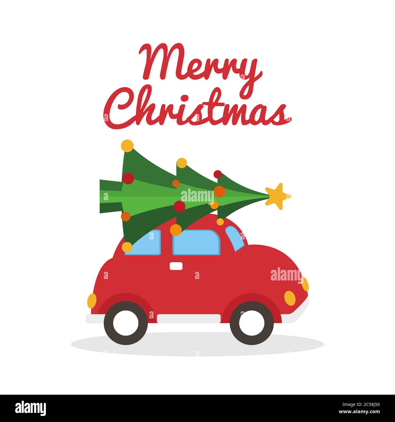 Christmas red retro car on white background. Merry Christmas card with red car and bright xmas tree. Winter holiday design. Vector illustration. Stock Vector
