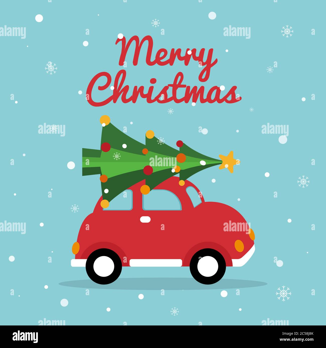 Christmas retro car. Merry Christmas card with red car, bright xmas tree, snowflakes. Winter holiday design. Vector illustration. Stock Vector