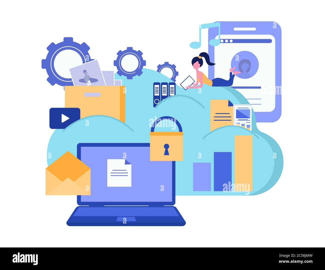 Cloud computing services and technology. Cloud storage. Data protection. Business concept. Vector illustration. Stock Vector