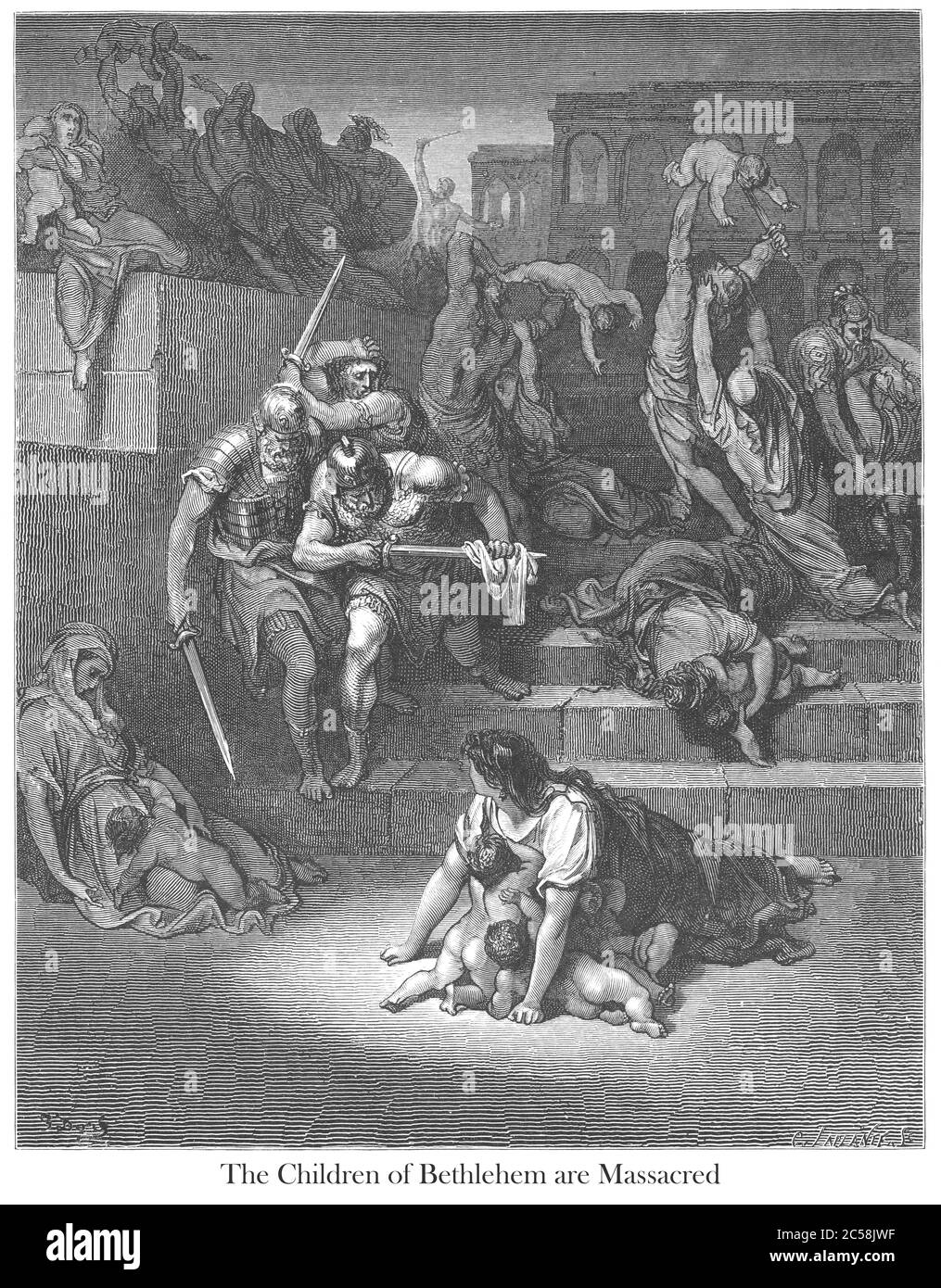 The Massacre of the Innocents or The Children of Bethlehem are Massacred [Matthew 2:16] From the book 'Bible Gallery' Illustrated by Gustave Dore with Memoir of Dore and Descriptive Letter-press by Talbot W. Chambers D.D. Published by Cassell & Company Limited in London and simultaneously by Mame in Tours, France in 1866 Stock Photo