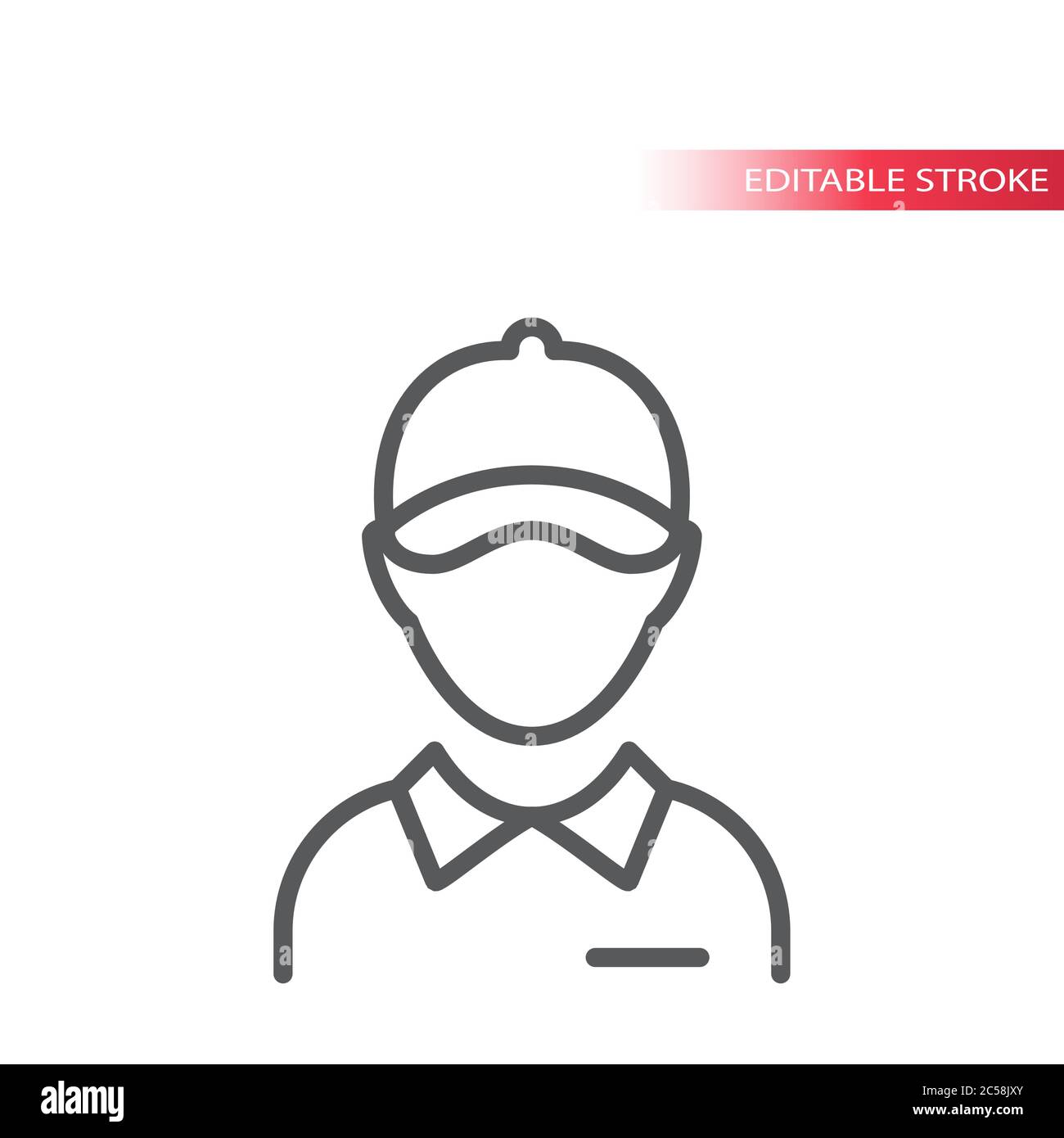Employee with collar and hat thin line vector icon. Delivery boy or worker with visor cap outline symbol, editable stroke. Stock Vector