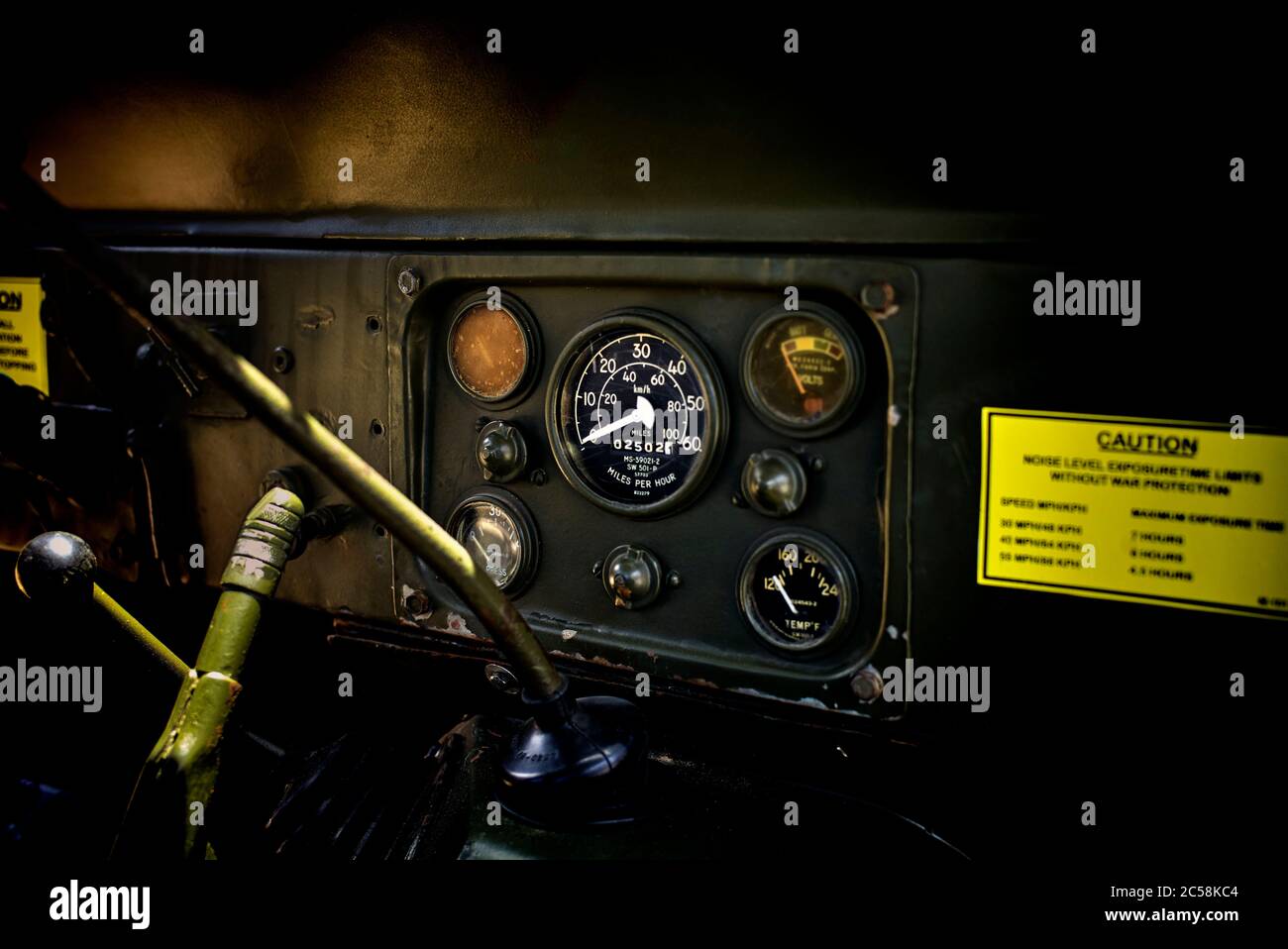 Willys Jeep. Dashboard panel and dials of a vintage World War USA military vehicle Stock Photo