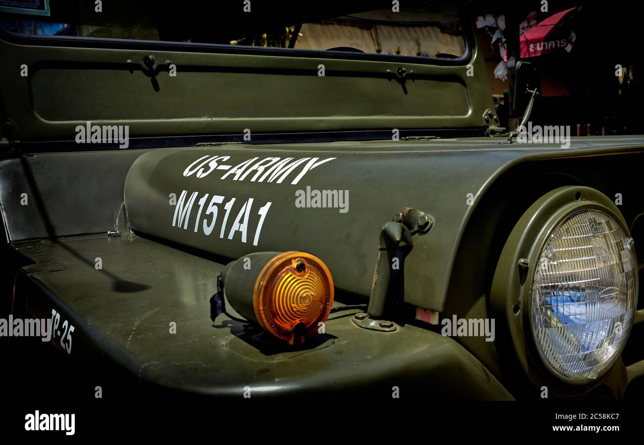 Willys Jeep. Vintage USA World War military vehicle, Detail Stock Photo
